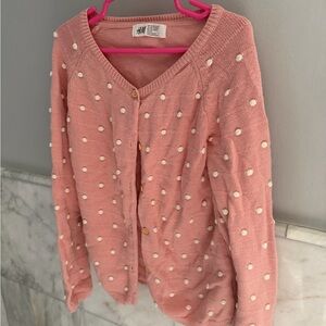 H&M valentines Pink button up Cardigan sweater with Poms size 6/7 Small girls